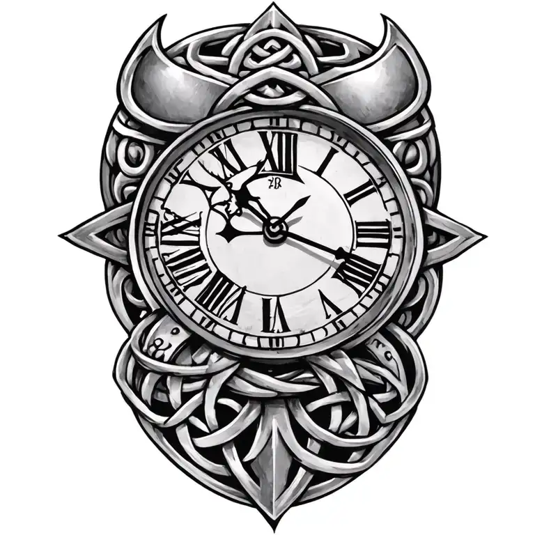 Clock Face On Armor Tattoo Design Featuring Celtic Trinity Knot
