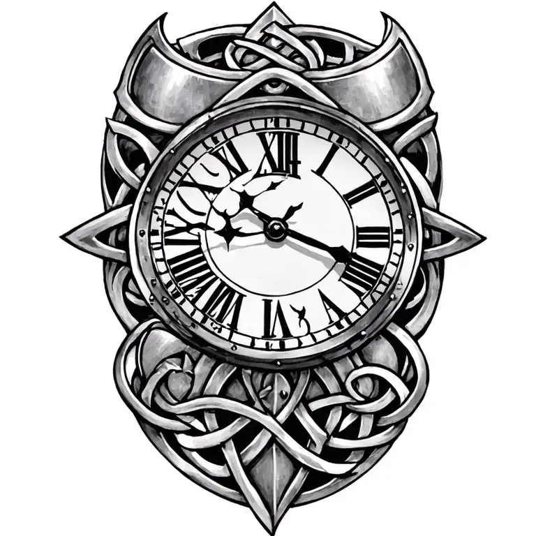 Clock Face On Armor Tattoo Design Featuring Celtic Trinity Knot