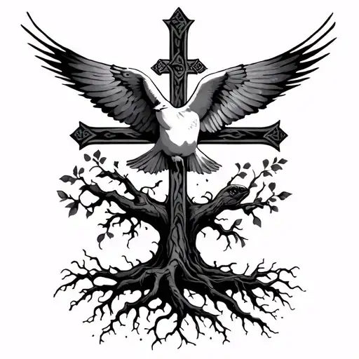 Armenian Cross With Roots Coming Out Of The Bottom With Turtle Dove Swooping In
