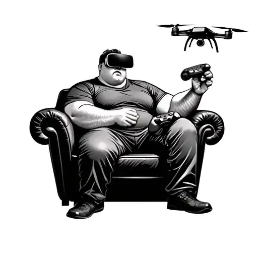 Fat Guy Sitting On Couch Holding Xbox Controller With Vr Goggles Drone Flying
