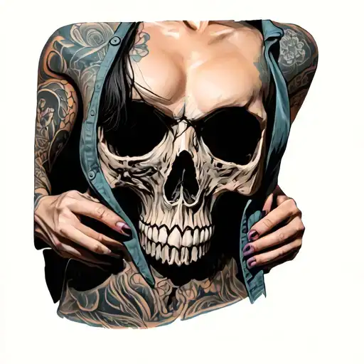 Woman Taking Off Her Shirt Without Her Face Showing And Her Body Is A Skull