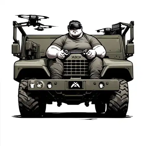 Fat Guy Sitting In Military Truck Holding Xbox Controller With Vr Goggles Drone Flying