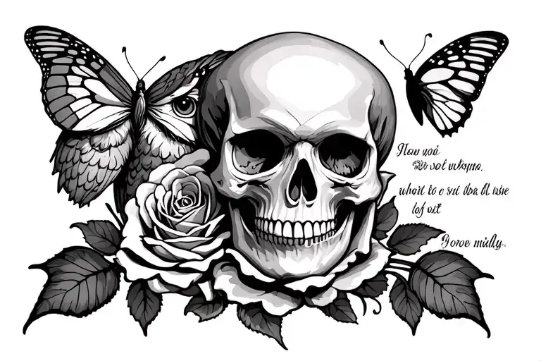 Skull Rose With A Christian Quote Intertwined With Butterflies And A Owl