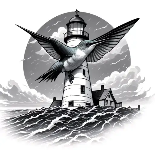 Hummingbird On A Lighthouse Standing Tall Amidst Dark Storm
