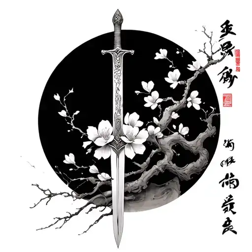 Sword And Cheery Blossom With Name Cynthia In Chinese