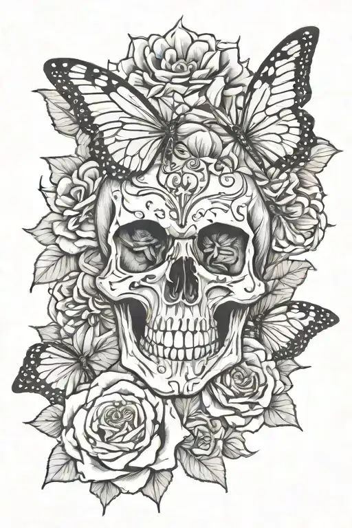 Skull With Butterfly On It With 2 Roses And 1 Sunflower Around It