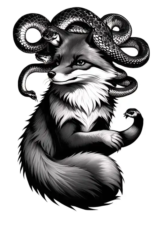 Fox Full Body Lying On His Back Playing With Snakes On Its Head