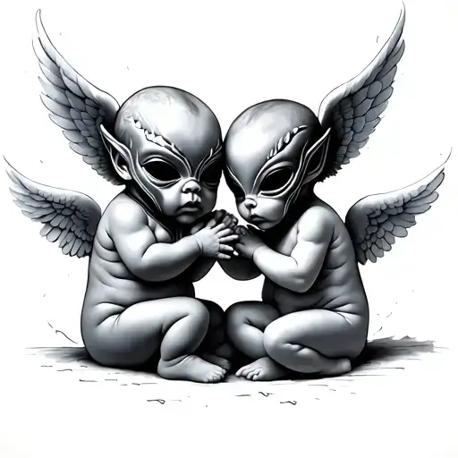 Two Baby Angels With Alien Heads Agians Each Other Good And Bad