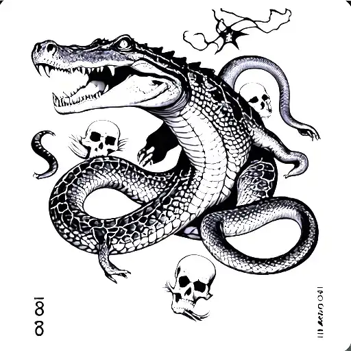 Crocodile And Snake With Some Skulls Tarot Carde