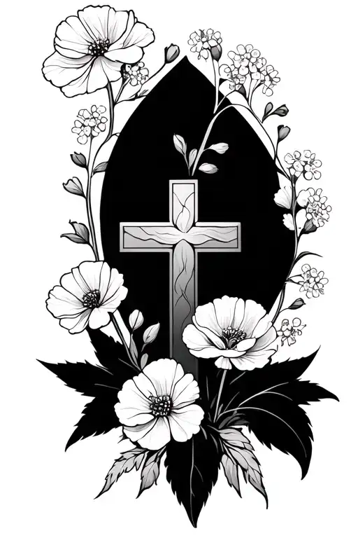 Fine Line Cross Tattoo With Baby Breath And Carnation Flowers Growing On It