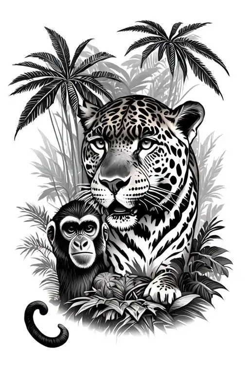 Rain Forest Landscape Featuring Jaguar And Monkey