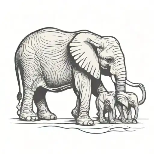 Mama Elephant With Two Baby Elephants Walking In A Line Holding Tails And Trunks