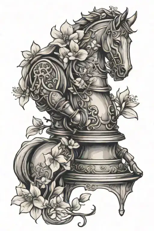 Knight Chess Piece With Cherry Blossom Petals In A Sketch Art Style