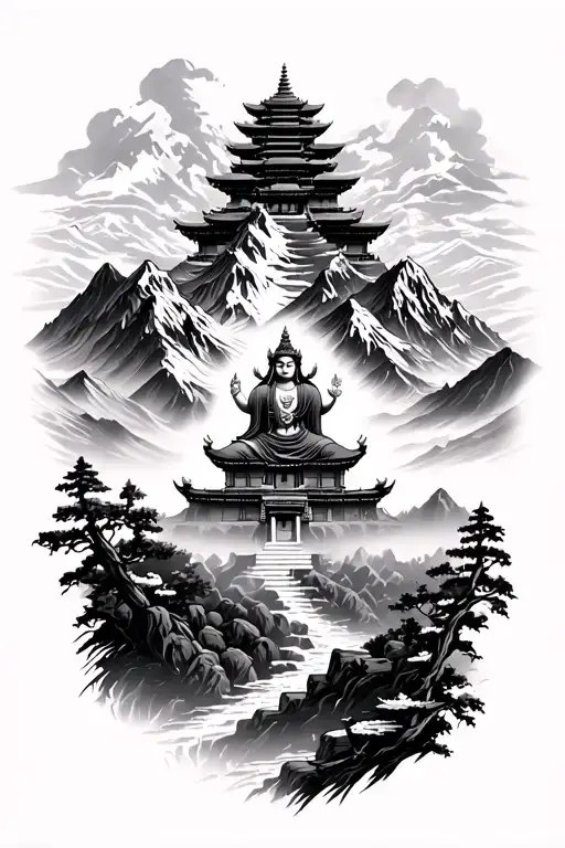 Nepali Temple And God In Mountain Range With A Winding