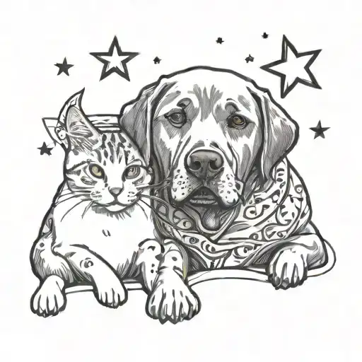 Labrador And Cat Cuddling Together With Little Stars Around Them