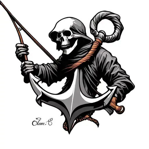 Reaper Holding Fishing Rod And In The Back A Anchor
