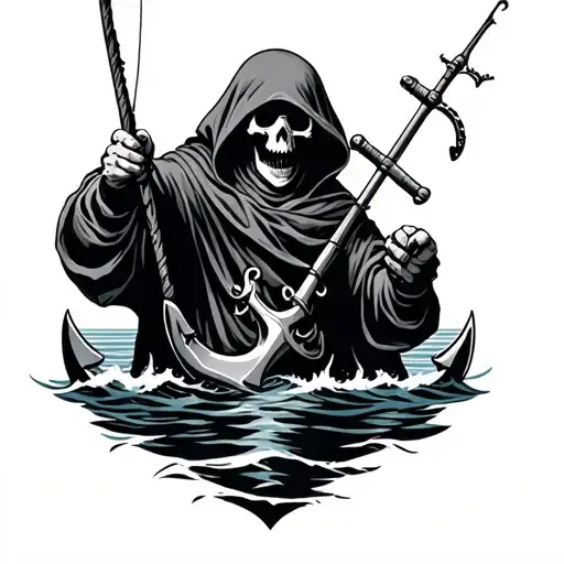 Reaper Holding Fishing Rod And In The Backround A Anchor And Sea
