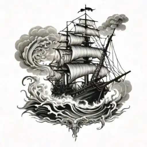 Pirate Ship Sailing In Storm With Kraken Emerging