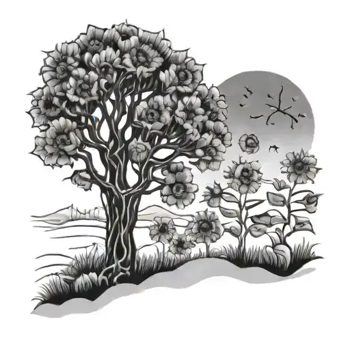 A Snow-covered Landscape With A Tree Made Of Sunflowers In The Foreground