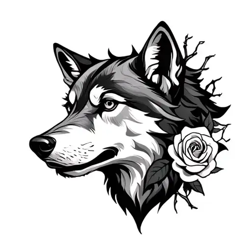 Wolf Head With Rose Thorns Around The Right Side Of The Head