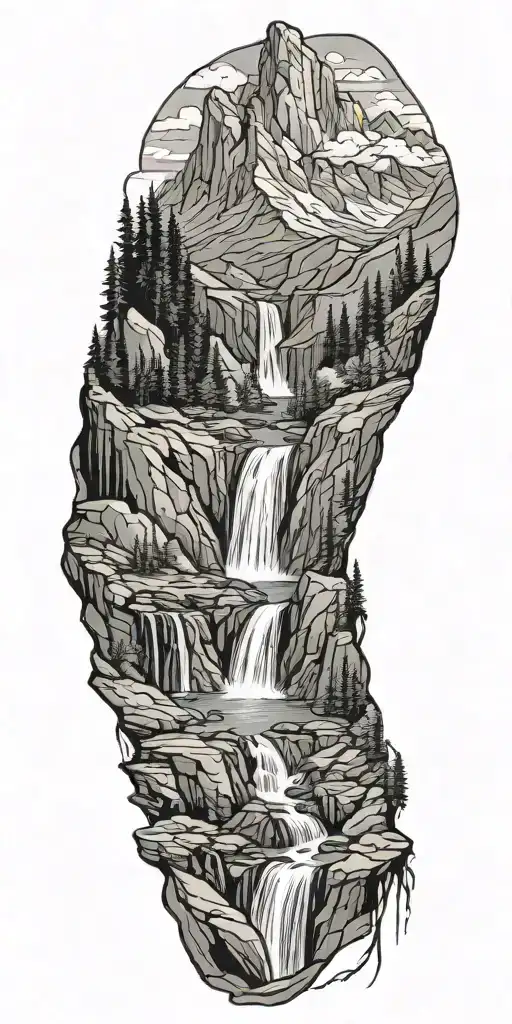 Mountain Range With A Waterfall That Leads Into A Flowing River
