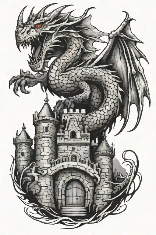 Long Lesard Like Dragon Crawling Up A Castle Wall