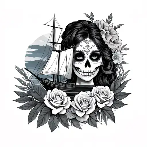 Hawaiian With A Day Of The Dead Female Roses And A Ship