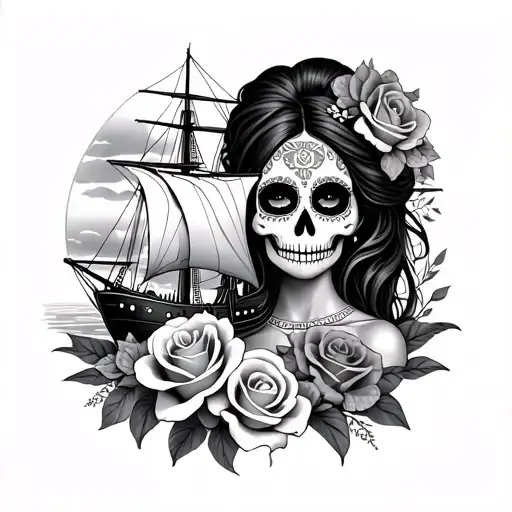 Hawaiian Tribal With A Day Of The Dead Female Roses And A Ship