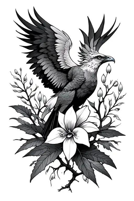 Phoenix Rising Above Botanical Leaves And Thorns With Snowdrop Flower