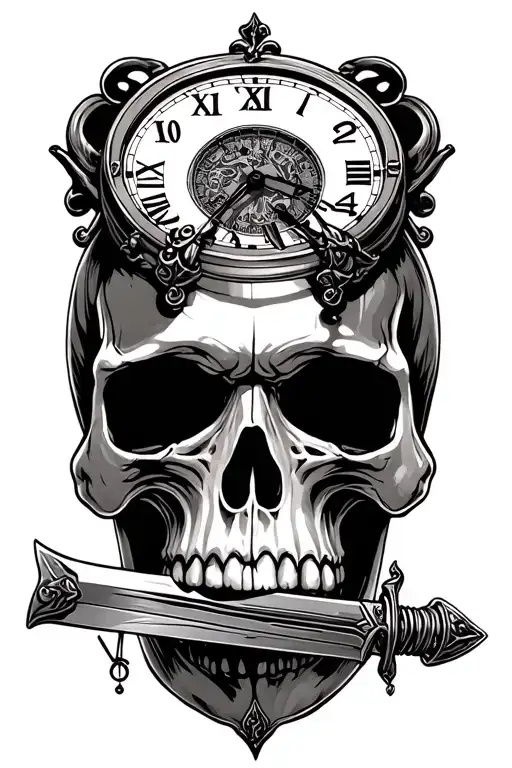 Skull With Clock Forehead Holding Sword In Its Mouth