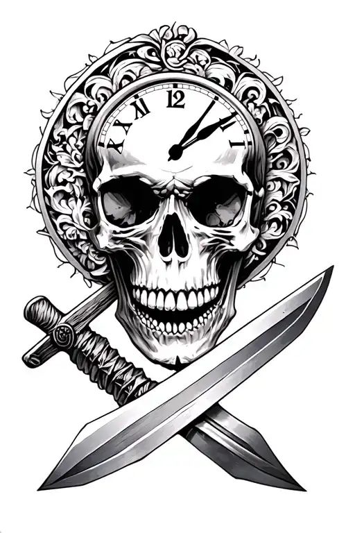 Skull With Clock Etched Into The Forehead Holding Sword Vertically In Its Mouth