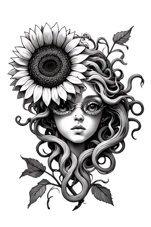 Medusa With Covered Eyes And A Sunflower Incorporated