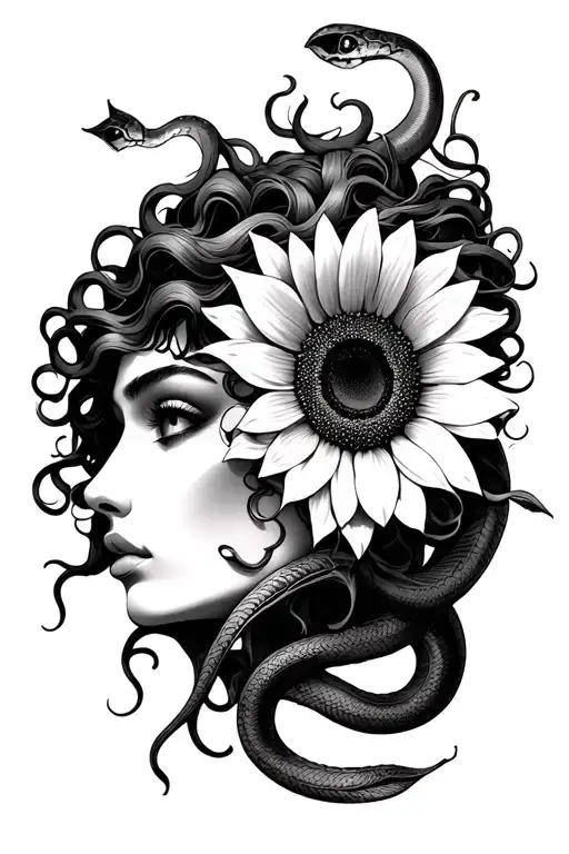 Medusa With Blank Eyes And Snake Hair With A Sunflower