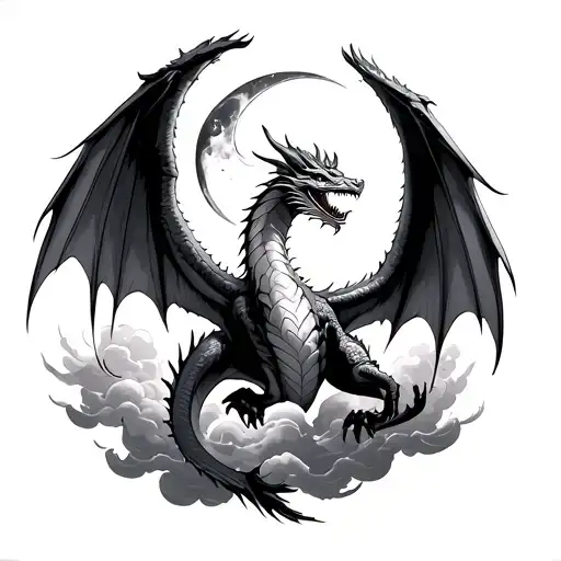 Western Dragon With Big Wings Touching A Crescent Moon In The Clouds On The Forearm