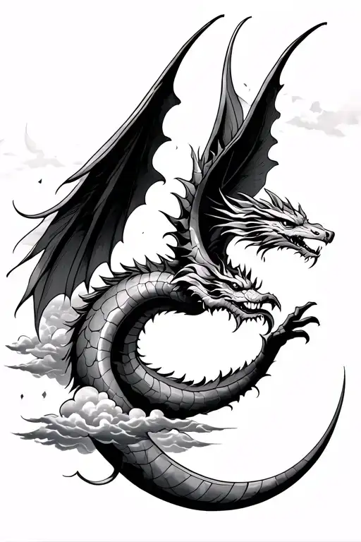Western Dragon With Big Wings Touching A Crescent Moon In The Clouds On The Forearm
