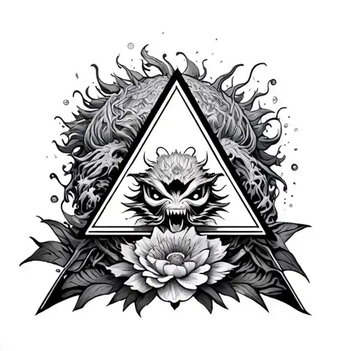 Illuminati Triangle Shape With Korean And Japan Monster And Flower