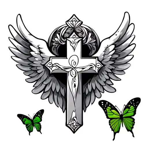 Christian Cross With Wings On Each Side And A Green Butterfly On The Right Side