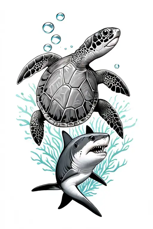 Sea Turtle With Bubbles Up And A Reef Shark Below
