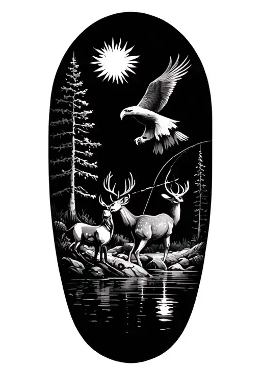 Nature Scene Featuring Deer And Eagle And Fisherman Fishing