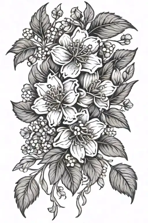 Floral Pattern Of Hawthorne And Violet Flowers Intertwined