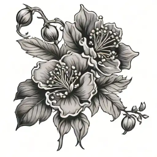 Floral Pattern Of Hawthorne And Violet Flowers Intertwined