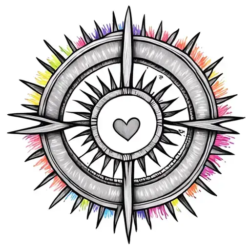 Nordic Sunwheel In Grey With A Colourful Rainbow Around It And A Heart In The Middle