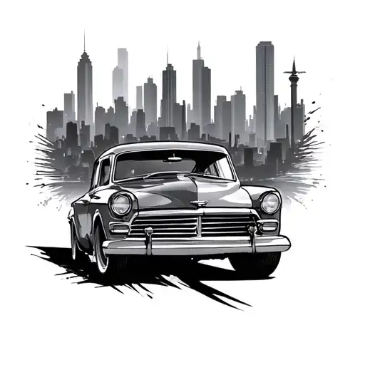 City Skyline In The Background With A Old School Car