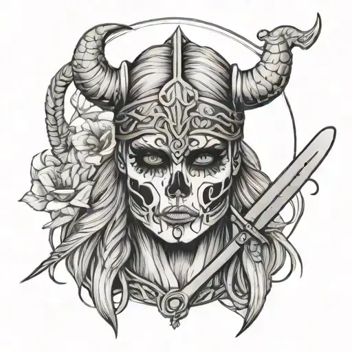 Female Viking Warrior Skull With Sword Pressed To Forehead