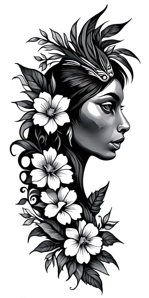 Amazonian Tribal With Flowers And Animals