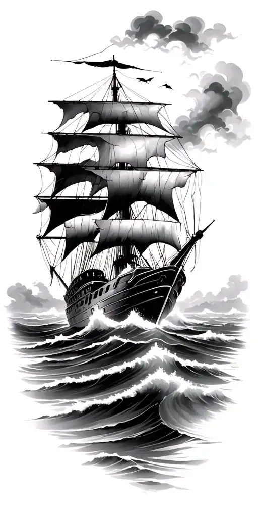 Old Ship Sailing Through Stormy Seas Into Calm Seas