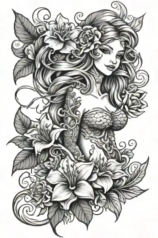 Flowers And Mermaid Sleeve Tattoo Design