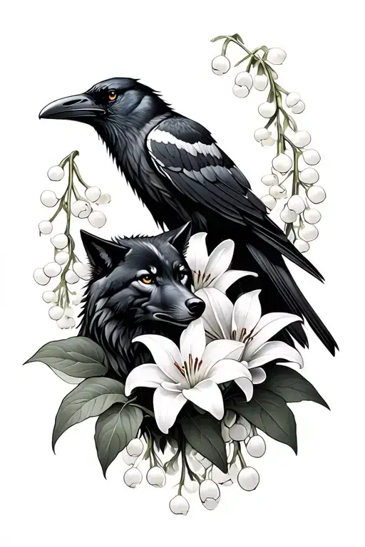 Raven And A Wolf Side By Side Surrounded By Lily Of The Valley Flower