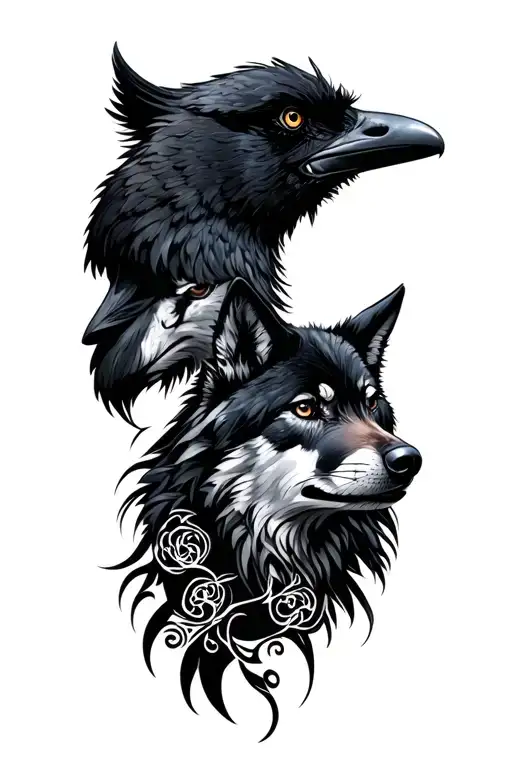 Raven And A Wolf Side By Side Profile Traditional Lady