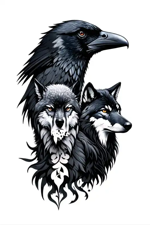 Raven And A Wolf Side By Side Profile Traditional Lady